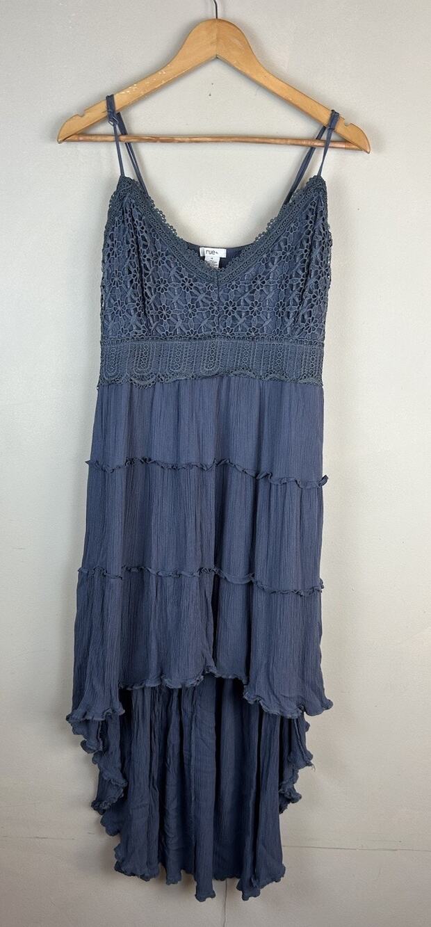 Rue 21 Fairy Crochet Lace Boho Hi Lo Dress Womens Sz 1X Dusty Blue Tiered Ruffle